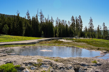 Small lake of steaming boiling water in the geothermal area of the Terrace Springs in Yellowstone National Park. No people.