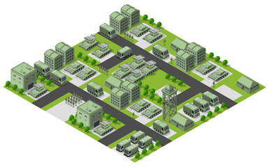 Military base with tanks, missile launchers, and buildings managing