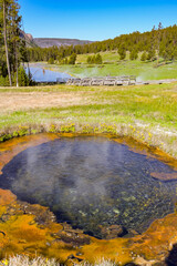 Scenic view of a spring of boiling water in the geothermal area of the Terrace Springs in Yellowstone National Park. No people.