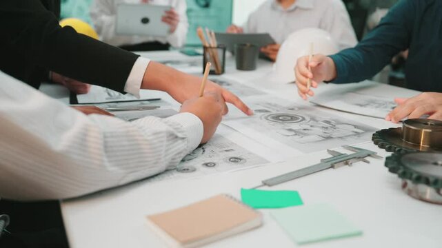 A diverse group of professionals collaborates on an engineering project, examining technical drawings while utilizing various tools in a modern office workspace. SACTR