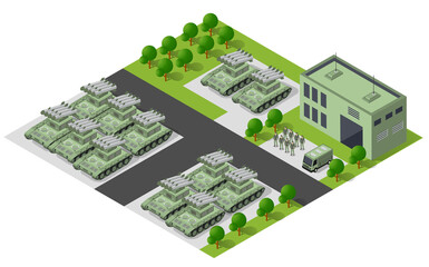 Military base with tanks, missile launchers, and buildings managing