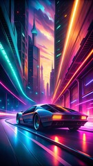Fototapeta premium Retro futuristic car speeding through a vibrant city at night, neon lights glowing