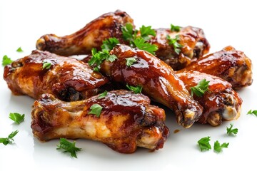 Savory chicken wings drizzled with barbecue sauce garnished with fresh herbs for a delightful meal, Juicy chicken wings glazed in rich barbecue sauce, served with parsley garnish
