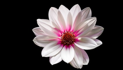 Fototapeta premium close up image of a white flower with pink centre isolated on black background