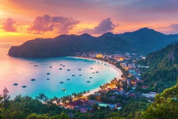 Obraz premium Serene sunset over the tranquil waters of Phuket Island highlighting its natural beauty and vibrant coastline, Calm and serene nature of Phuket island at sunset Travel to Thailand landscape