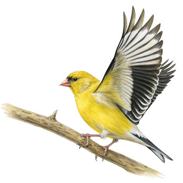 American goldfinch bird on branch with wings spread