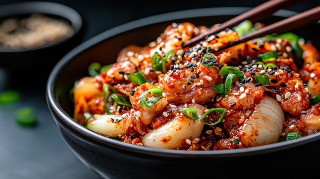 A vibrant bowl of spicy shrimp dish garnished with green onions and sesame seeds, showcasing a rich mix of ingredients, perfect for culinary enthusiasts and flavor seekers.