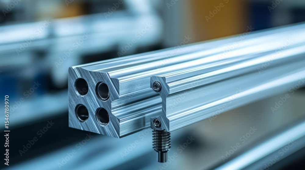 Poster close-up of a precision-machined aluminum extrusion with intricate detailing and mounting hardware.