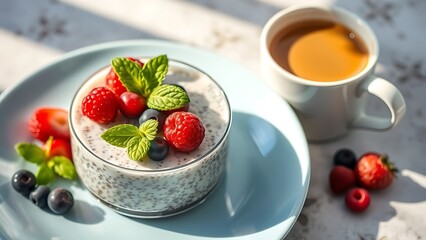Organic Chia Pudding Topped with Seasonal Berries and Herbs