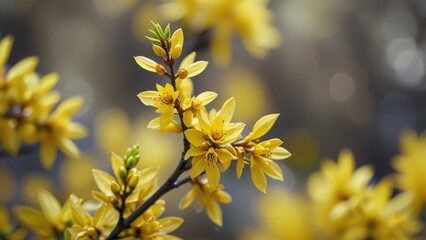 Gentle Bokeh Field of Yellow Forsythia Spring Flowers