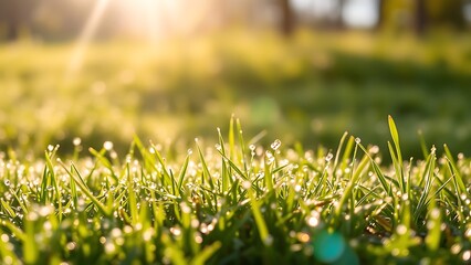 Naklejka premium Sunny field with dewy grass