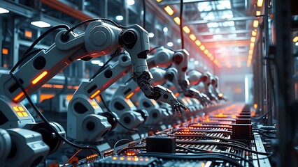 Robotic arms assembling electronic components in a glowing high-tech smart factory with futuristic lighting.
