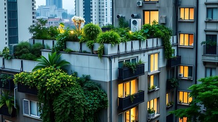 Urban city apartment covered in green lush rooftop and illuminated windows with raindrops