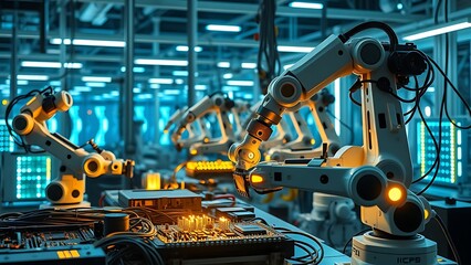 Robotic arms assembling electronic components in a glowing high-tech smart factory with futuristic lighting.
