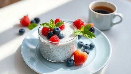 Healthy Breakfast Chia Pudding with Berries and Green Mint