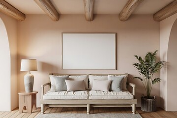 Neutral living room with wooden sofa and blank canvas