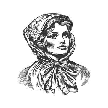 Woman In Vintage Headscarf Black And White Silhouette Illustration. Nostalgic Fashion And Cultural Heritage. Isolated Vector Illustration