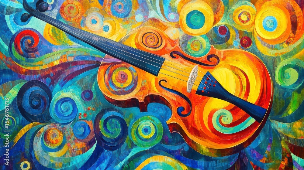 Poster vibrant abstract painting of a violin amidst swirling colors and patterns.