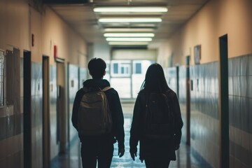 Couple walking together in a dimly lit hallway during the evening, Man and woman walking down a hall
