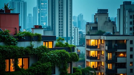 Urban city apartment covered in green lush rooftop and illuminated windows with raindrops