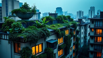 Urban city apartment covered in green lush rooftop and illuminated windows with raindrops