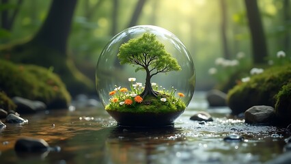 A miniature green ecosystem with a tree and flowers in a crystal-clear floats in a peaceful forest stream.