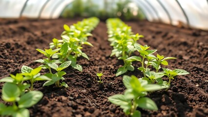 Young Mint Leaves Sprouting Inside a Greenhouse