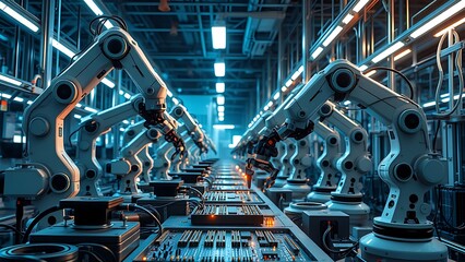 Robotic arms assembling electronic components in a glowing high-tech smart factory with futuristic lighting.
