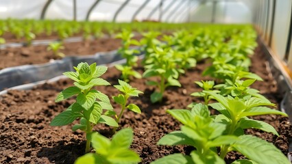Fresh Mint Plants Growing in Moist Soil Under Sunlight