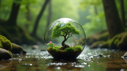 A miniature green ecosystem with a tree and flowers in a crystal-clear floats in a peaceful forest stream.