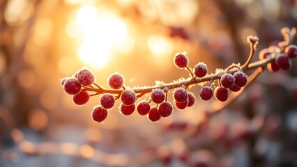 Frost covered Red Berries Glowing in Golden Sunlight with Soft Bokeh
