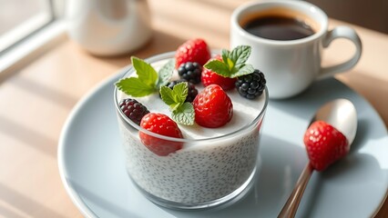 Healthy Chia Seed Dessert Topped with Blueberries and Mint