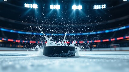 Hockey Puck in Motion on Icy Surface with Arena Lighting