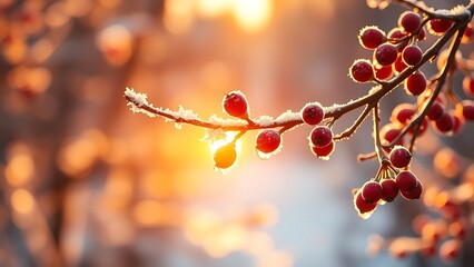 Frost covered Red Berries Glowing in Golden Sunlight with Soft Bokeh