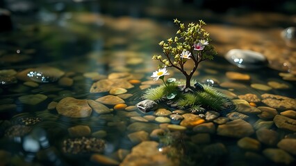 A miniature green ecosystem with a tree and flowers in a crystal-clear floats in a peaceful forest stream.