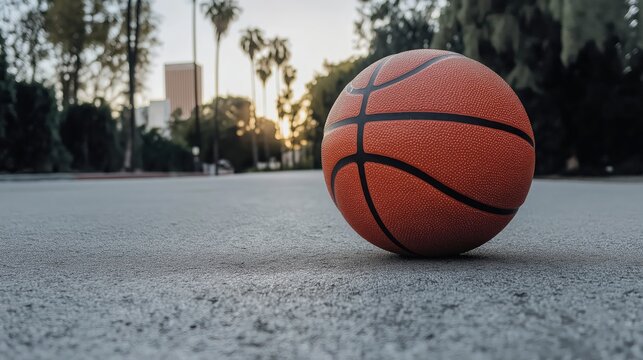 A basketball on the streets of Los Angeles against the backdrop of sunset, palm trees, and a city skyline. The basketball lies on the concrete floor.