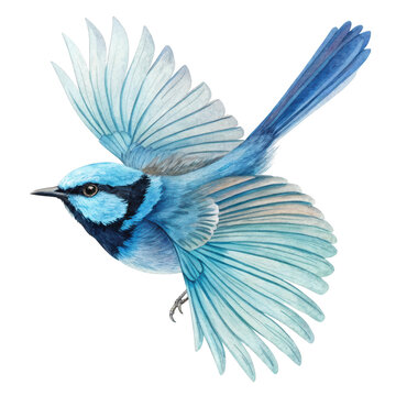Watercolor painting of a superb fairy wren in flight