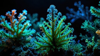 Undersea Bioluminescence with Coral Polyps Macro, Luminous Underwater Background