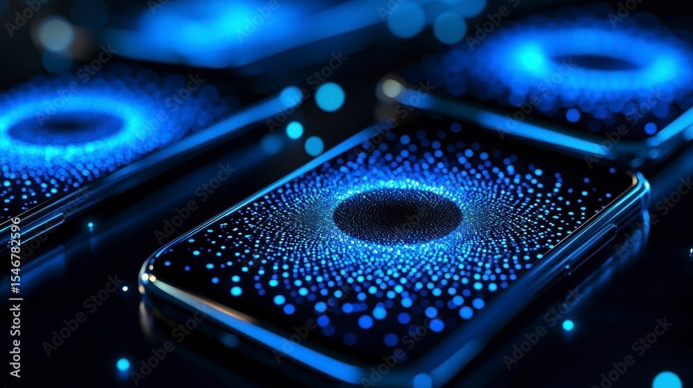 Poster Close-up of several smartphones displaying abstract glowing blue particle effects.