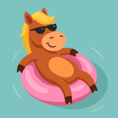 Cute cartoon horse with pink inflatable donut, wearing sunglasses, summer holiday flat style animal illustration with tropical vacation vibe