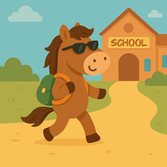 Funny cartoon horse with sunglasses and backpack going to school, back-to-school flat vector illustration with autumn vibes and educational humor