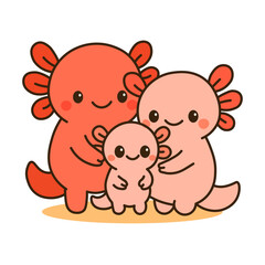 Cute cartoon illustration of an axolotl family with two parents and a baby. Adorable aquatic characters showing love and unity. Perfect for family, parenting, or underwater animal themes.