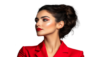 Woman in a red blazer looks left in profile close up portrait