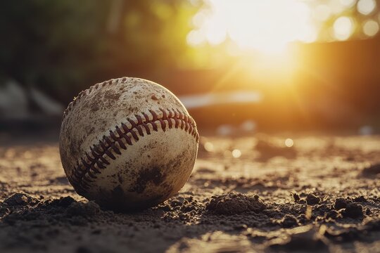 Worn baseball resting on dirt under warm sunlight at a ball field during late afternoon, Worn baseball on dirt with sunlight in background