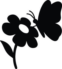 Silhouette butterfly resting on flower minimalist black and white Vector Illustration