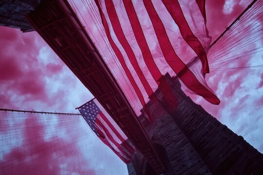 View of Brooklyn Bridge featuring American flags under a dramatic sky, of Brooklyn Bridge from below American Flag in the wind