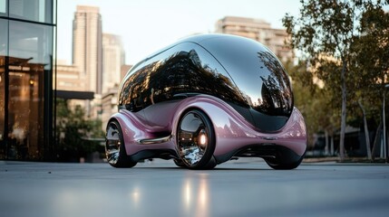A stylish, futuristic car with a shiny exterior is showcased in a modern urban environment, reflecting innovation and luxury while highlighting advancements in automotive design.