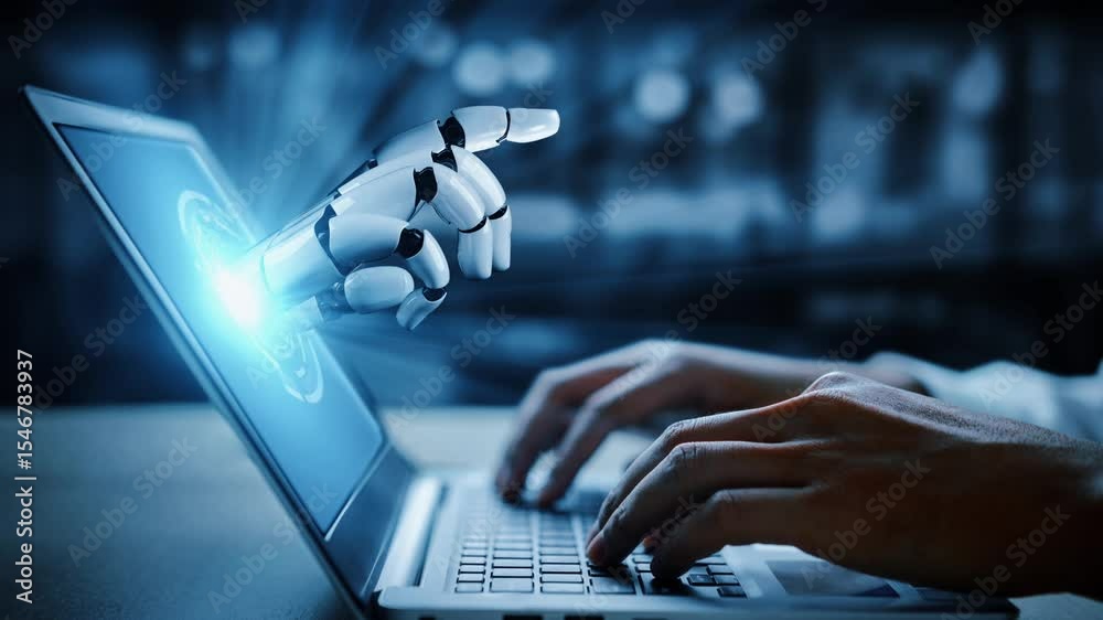 Poster futuristic robot artificial intelligence enlightening ai technology development and machine learning