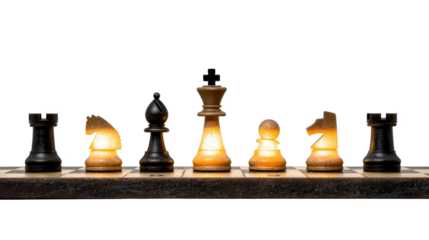 Illuminated chess pieces stand on a board edge, transparent background