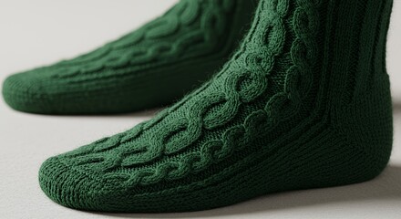 Luxurious Deep Green Cable Knit Wool Socks Close-Up